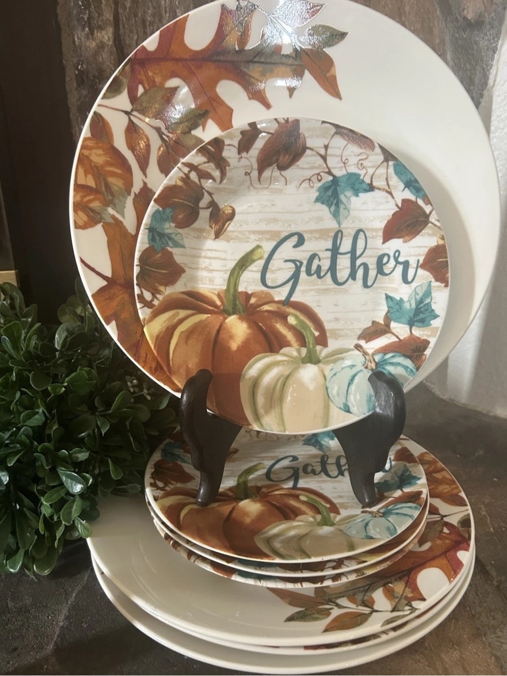 4 Royal Norfolk Fall Leaves Thanksgiving Dinner Plates 4 "Gather" Salad Dessert